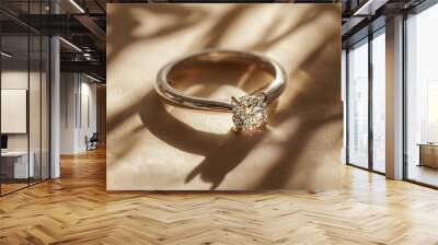 White gold ring with diamond on beige background with shadows Still life and creative photo : Generative AI Wall mural