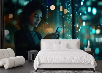 Woman, tech overlay and phone in night at office for finance research, data analytics or digital job. Cybersecurity expert, fintech or focus in dark workplace with 3d hologram abstract : Generative AI Wall mural