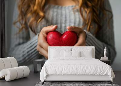 Woman heart hands and stomach for care in studio with gut health in digestion mock up on white background Female person gesture or abdomen for wellness of body diet and nutrition by ba : Generative AI Wall mural