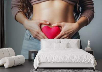 Woman heart hands and stomach for care in studio with gut health in digestion mock up on white background Female person gesture or abdomen for wellness of body diet and nutrition by ba : Generative AI Wall mural