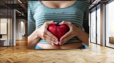 Woman heart hands and stomach for care in studio with gut health in digestion mock up on white background Female person gesture or abdomen for wellness of body diet and nutrition by ba : Generative AI Wall mural