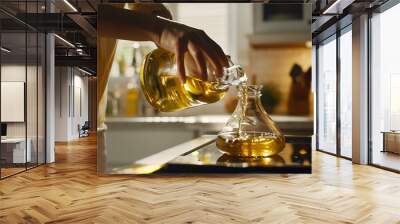 Woman pouring used cooking oil into bottle through funnel in kitchen closeup : Generative AI Wall mural