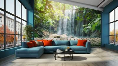 Wood table top podium floor in outdoor waterfall green tropical forest nature backgroundNatural water product present placement pedestal counter display spring summer jungle paradise c : Generative AI Wall mural