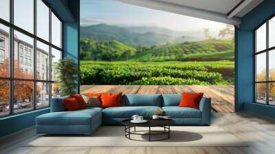 Wooden table top on blur green tea mountain and grass fieldFresh and Relax conceptFor montage product display or design key visual layoutView of copy space : Generative AI Wall mural