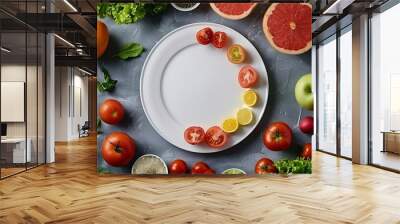 World food day vegetarian day Vegan day concept Top view of fresh vegetables fruit with empty plate on white paper background : Generative AI Wall mural