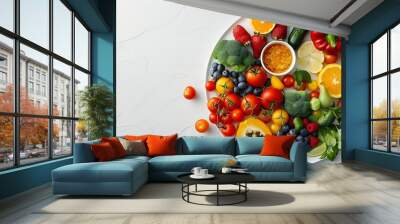 World food day vegetarian day Vegan day concept Top view of fresh vegetables fruit with empty plate on white paper background : Generative AI Wall mural