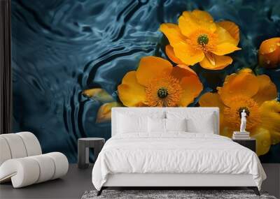 Yellow orange colored flowers Trollius or Globeflower in water abstract floral textured background monochrome aesthetic botanical modern still life natural blooming spring floret top v : Generative AI Wall mural