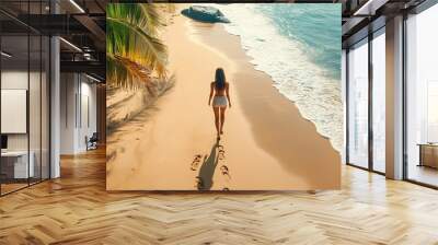 Young female dressed in light summer clothes walking barefoot leaving footprints on the sand on Indian ocean Tangalle lonely coconut trees beach on Sri Lanka island Aerial top view dro : Generative AI Wall mural