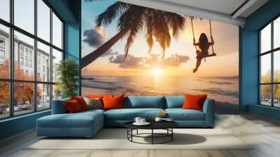 Young happy woman relaxing on a swing attached to a palm tree on a paradise beach at sunset while on vacation in a tropical country : Generative AI Wall mural