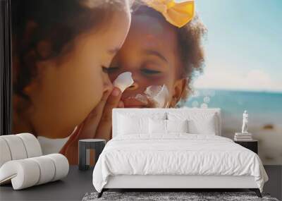 Young mother applying protective sunscreen on daughter nose at beach with copy space Black woman hand putting sun lotion on female child face African american cute little girl with sun : Generative AI Wall mural