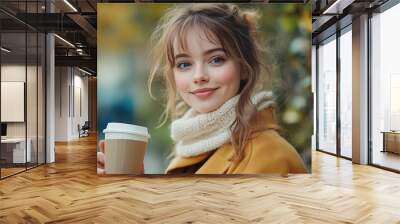 Young pretty woman at outdoors holding a take away coffee with happy expression : Generative AI Wall mural