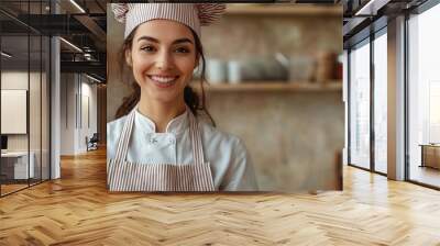 Young smiling happy housewife housekeeper chef baker latin woman wear striped apron toque hat look camera hold in hand wooden spoon isolated on plain pastel light beige background Cook : Generative AI Wall mural