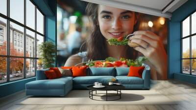 Young woman eating healthy salad at restuarant Healthy lifestyle diet concept : Generative AI Wall mural