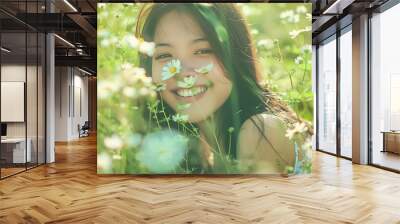 Young woman smiling outdoor Beautiful brunete girl resting on summer field with blooming wild flowers green background Free happy woman at summertime Freedom happiness carefree happy p : Generative AI Wall mural