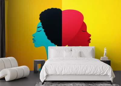 Colorful artistic portrayal of two women in profile against a vibrant background. Wall mural