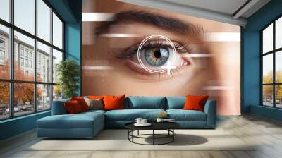 Contact lens health week concept: Close up of woman blue eye with contact lens symbol. Healthy contact lens hygiene practices Wall mural