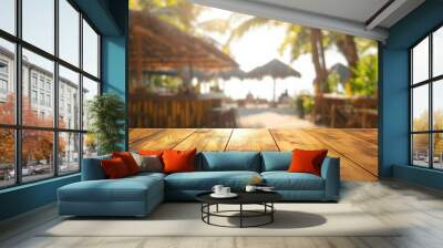 Empty Wooden Table With Copy Space Overlooking a Tropical Beach Bar Wall mural