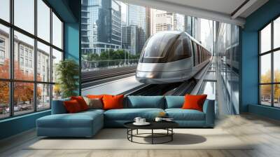 Modern Monorail Train Gliding Along Track in Urban Environment with Skyscrapers Wall mural