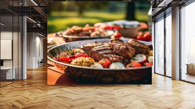 Photo of a delicious outdoor barbecue meat and vegetables on a rustic picnic table celebrating 4th of july. Generative AI Wall mural