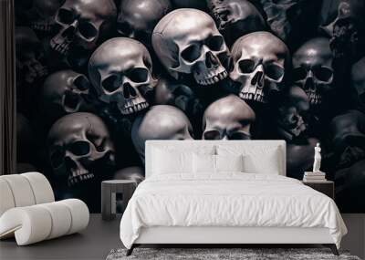 Pile of human skulls and bones on a dark background, halloween concept Wall mural