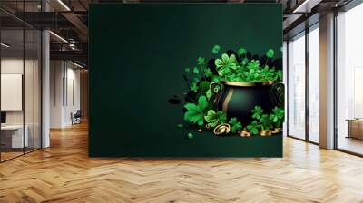 Saint Patrick's Day banner with black pot full of gold coins and shamrock leaves abstract green background for design, copy space, banner, invitation. digital art, generative AI Wall mural