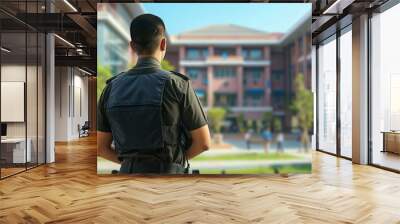 Security Guard Standing Watchful In Front Of School Campus Wall mural