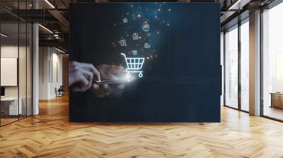 Smartphones with online shopping concepts, marketplace websites with the virtual interface of online Shopping cart part of the network, and Online shopping businesses with selecting shopping cart Wall mural