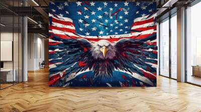 The national symbol of the USA. Eagle flying with USA flag in the background. Digital art, Generative AI Wall mural