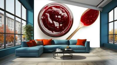 Top View of Tasty Sweet Jam in a Glass Jar with Spoon Isolated on White Background Wall mural