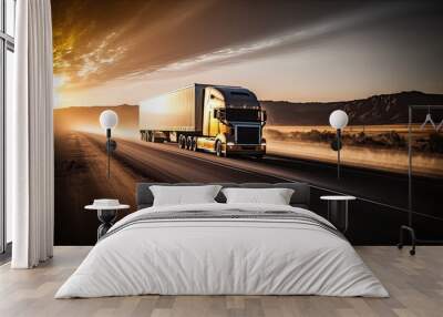 A huge loaded truck moving fast on a highway in the middle of a desert during sunset. Generative AI Wall mural