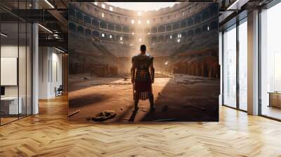 Ancient Roman gladiator standing on the arena in front of a crowd in a Colosseum. Generative AI Wall mural