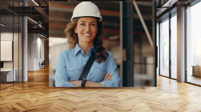 Mature white female builder construction worker at a building site, white middle aged woman Wall mural