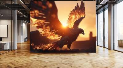 Phoenix bird in sunset. Generative AI Wall mural