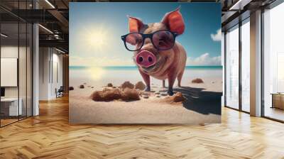 Pig in the glasses on the beach. Generative AI Wall mural