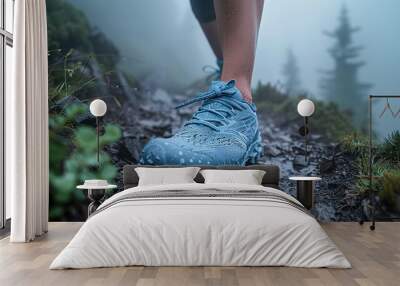 A man hiking in forest mountains wearing blue color running shoes in foggy weather Ai generated  Wall mural