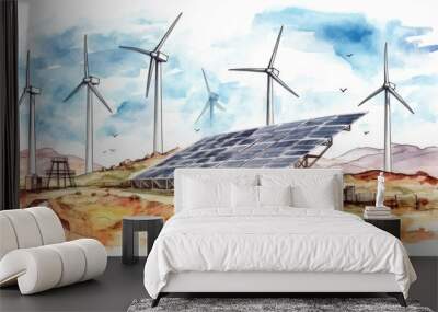  painting of windmills and a solar panel Wall mural