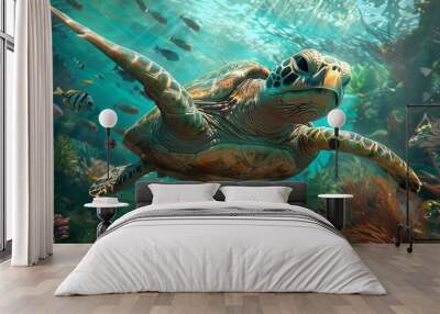 A 3D cartoon sea turtle gliding through a lush underwater garden filled with various marine life 3D cartoon Wall mural