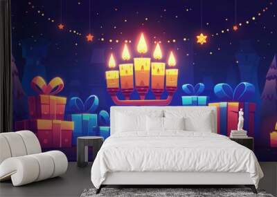 A festive Hanukkah night with a menorah, dreidels, and presents, capturing the essence of the oil miracle cartoon Vector Illustration Generative AI Wall mural