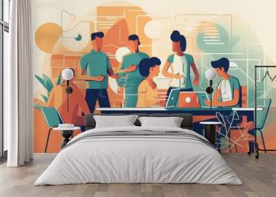 A group of people are sitting around a table with laptops and a laptop is open Wall mural