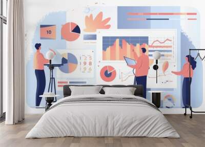 A group of people are working on a presentation with graphs and charts Wall mural