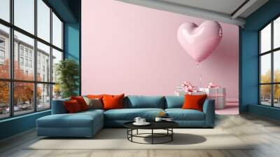 A heart balloon is floating above a pink wall with boxes on the floor Wall mural