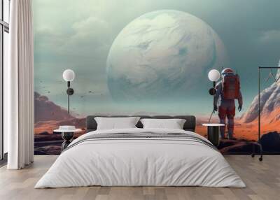 A man in a spacesuit stands on a rocky planet next to a large planet Wall mural