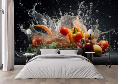 A splash of water has splashed over a pile of vegetables, including carrots Wall mural