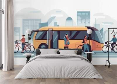 A yellow bus is driving down a street with people walking and riding bicycles Wall mural