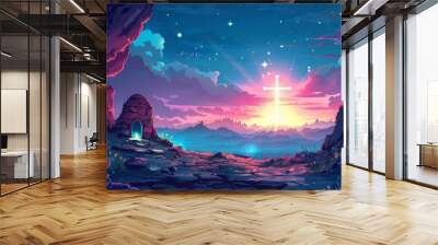 An artistic portrayal of a glowing cross in the sky above the empty tomb with a tranquil landscape in the background cartoon Vector Illustration Wall mural