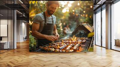 An image of a group of friends having a barbecue in a backyard, with a grill full of food, laughter, and festive decorations, celebrating a summer gathering. Wall mural