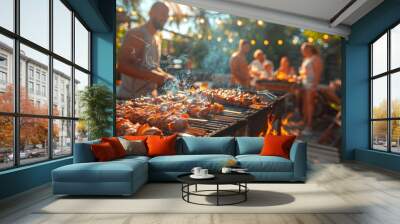 An image of a group of friends having a barbecue in a backyard, with a grill full of food, laughter, and festive decorations, celebrating a summer gathering. Wall mural