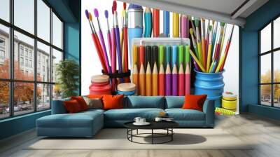 Cartoon 3D art supplies like pencils, brushes, and sketchbooks arranged neatly Isolated white background Wall mural