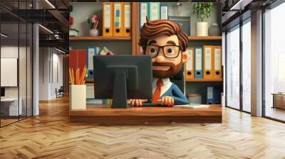 Cartoon 3D person working on a computer at a desk Wall mural