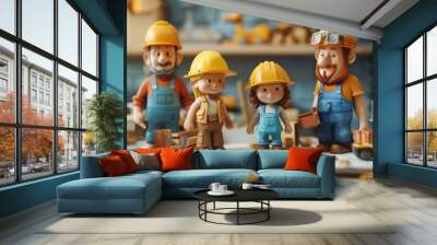 Cartoon people from different professions working together on a construction project, illustrating development and collaboration 3D cartoon Wall mural